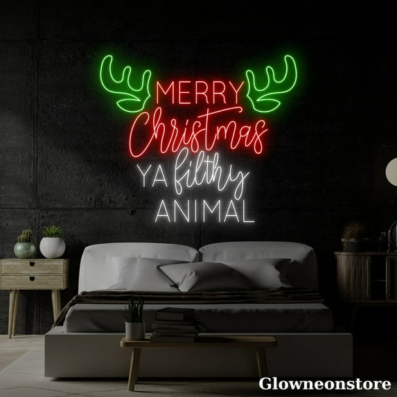 Glowneon Merry Christmas Ya Filthy Animal Neon Sign, Merry Christmas Sign, Reindeer Led Sign