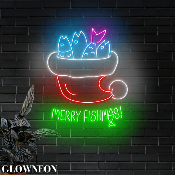 Glowneon Merry Fishmas Led Sign, Christmas Fishing Shop Neon Wall Art