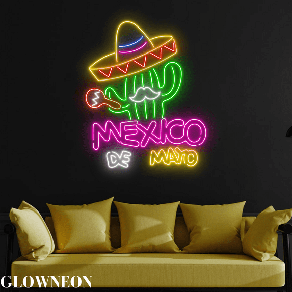 Glowneon Mexico De Mayo Led Decor, Mexican Festival Cactus Neon Light
