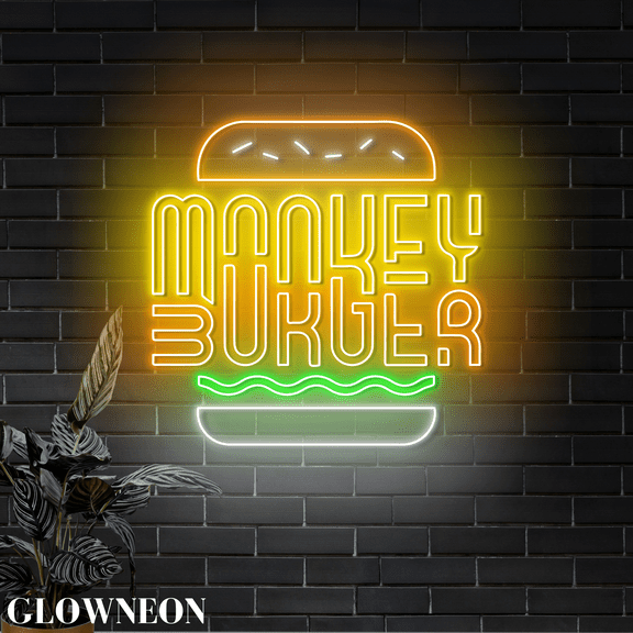 Glowneon Monkey Burger Led Light Up, Burger Restaurant Neon Open Sign
