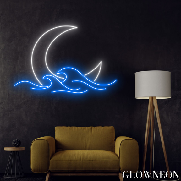 Glowneon Moon Waves Neon Sign, Moon Beach Led Sign, Summer Beach Sign