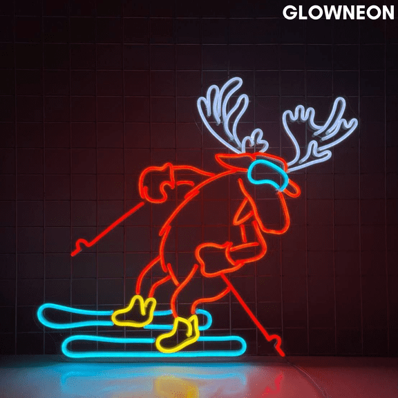 Glowneon Moose Skiing Neon Sign, Moose Ski Led Sign, Moose Lover Gift