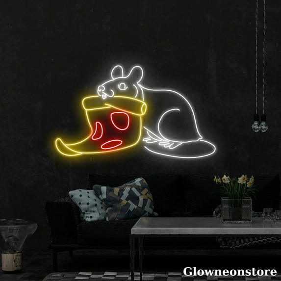 Glowneon Mouse Pizza Neon Sign, Mouse Eat Pizza Led Sign, Pizza Decor Store, Italian Shop Sign