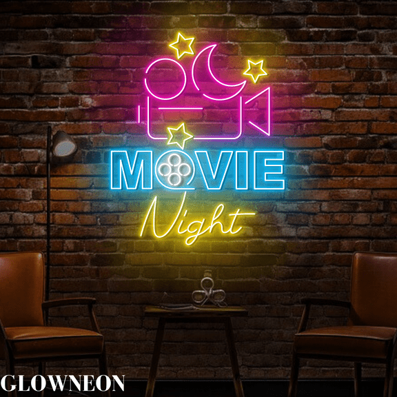 Glowneon Movie Night Led Sign, Movie Cinema Home Bar Neon Wall Decor
