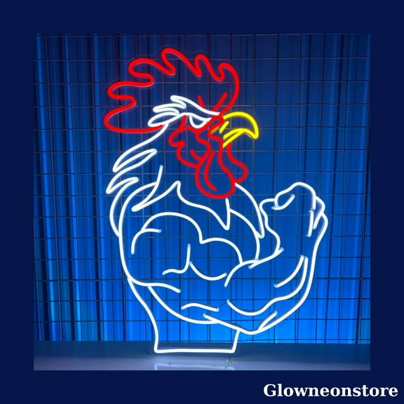 Glowneon Muscular Chicken Neon Sign, Muscular Rooster Led Sign, Gym Signboard, Animal Neon Light