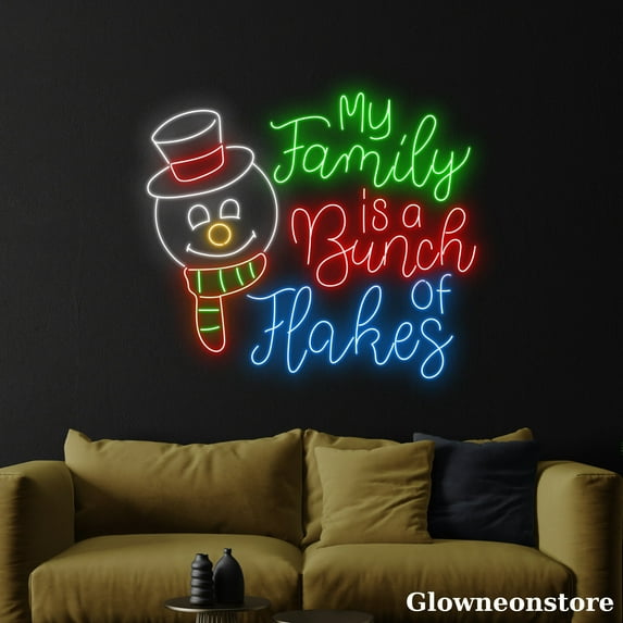 Glowneon My Family Is A Bunch Of Flakes Neon Sign, Snowman LED Lights, Christmas Quotes LED Sign