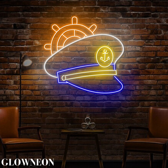 Glowneon Navy Captain Hat Ship Wheel Led Sign, Happy Navy Day Decor