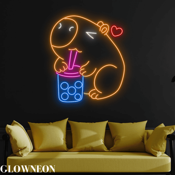 Glowneon Neon Capybara Drink Boba Tea, Capybara Bubble Milk Tea Decor