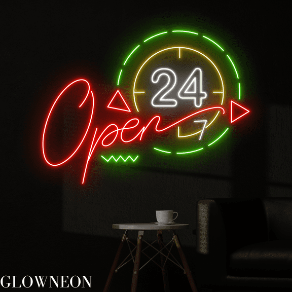 Glowneon Open 24 Hours Neon Sign, Restaurant Led Sign, Cafe Shop Art