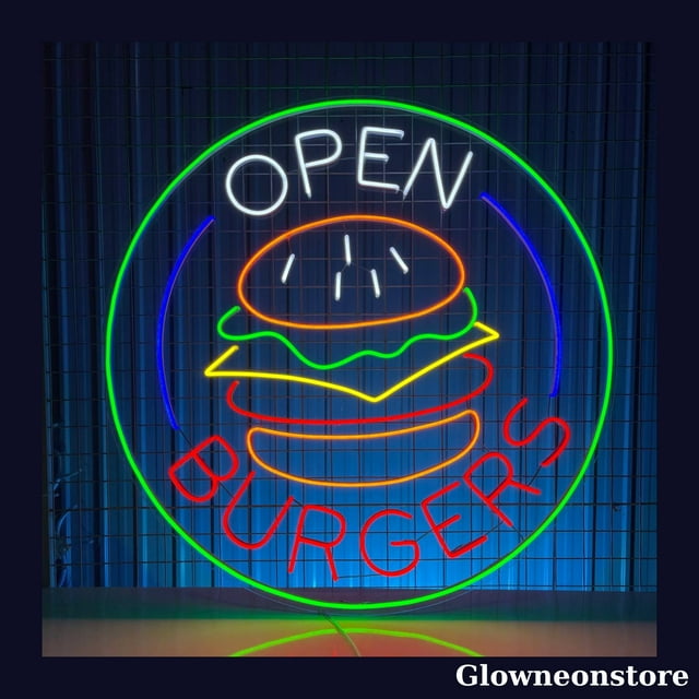 Glowneon Open Burger Neon Sign, Open Hamburger LED Sign, Restaurant