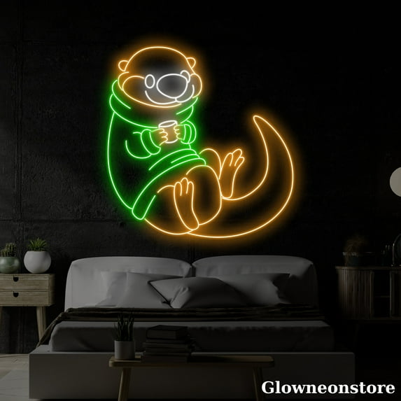 Glowneon Otter Drink Coffee Neon Sign, Cute Otter Led Sign, Animal Neon Light, Nursery Decor