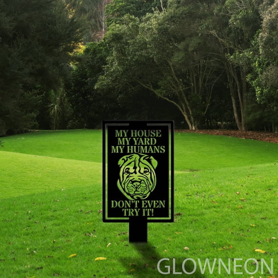 Glowneon Outdoor Beware Of Dog Metal Yard Stake, Shar-Pei Dog Stake
