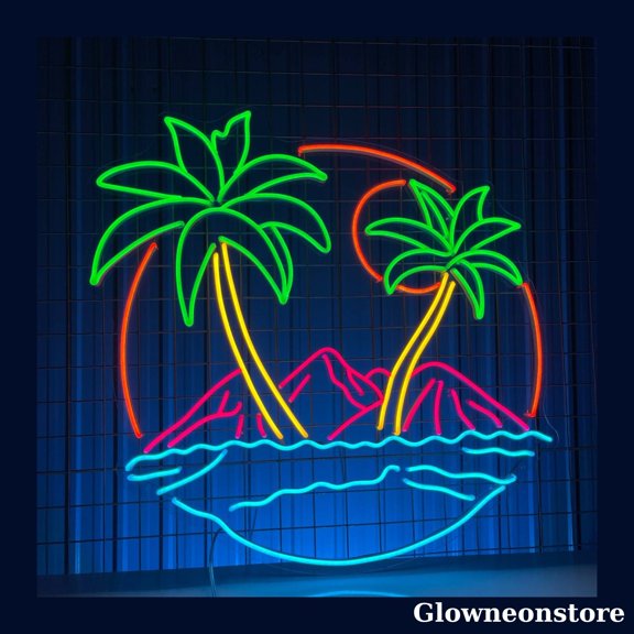 Glowneon Palm Tree Neon Sign, Palm Tree Led Sign, Beach Bar Decor, Sun Wave Neon Sign, Sunrise Neon