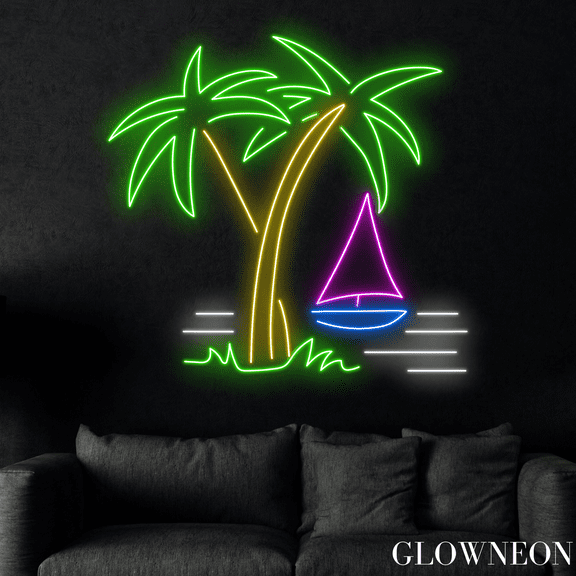 Glowneon Palm Tree On Beach Neon Sign, Palm Tree On Beach Led Decor