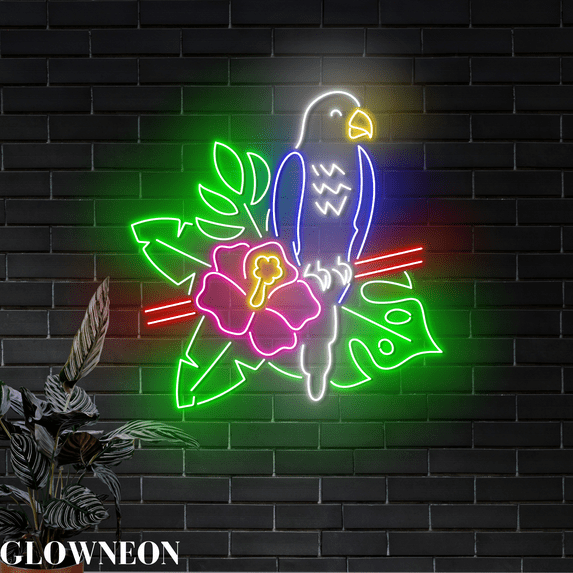 Glowneon Parrot Bird Flower Wall Decor, Parrot Bird Shop Led Wall Art