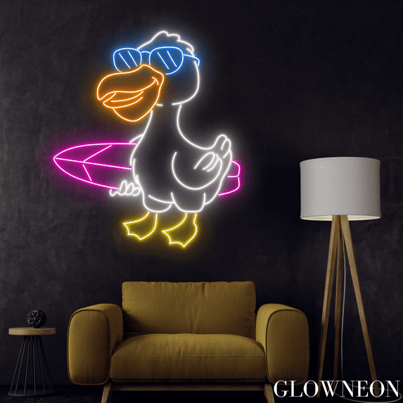 Glowneon Pelican Neon Sign, Pelican Surfing Led Sign, Gift For Kids