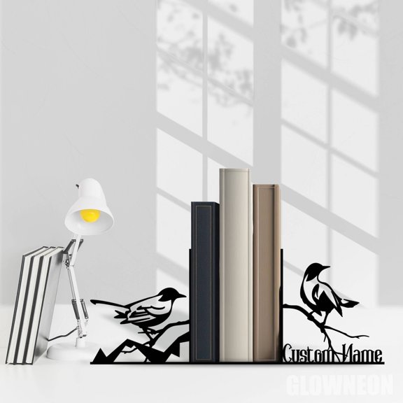 Glowneon Personalized Bird Book Ends, Bird Lover Book Stand Metal Art