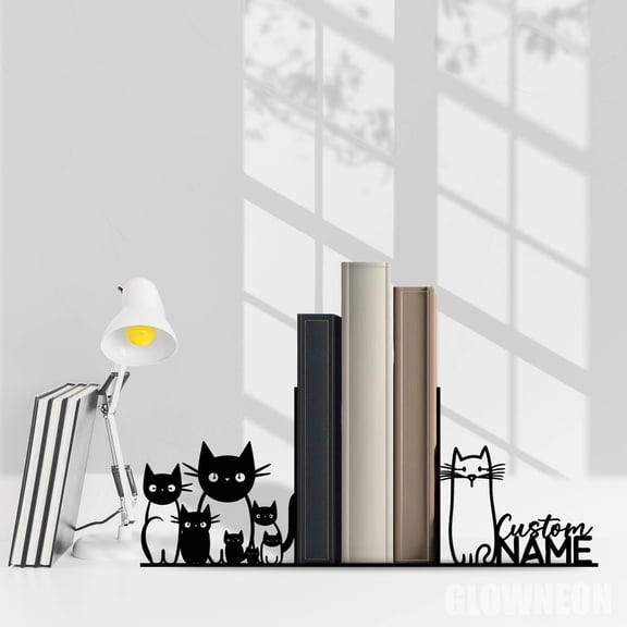 Glowneon Personalized Funny Cats Metal Bookends, Cat Book Holder Sign