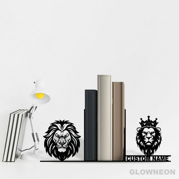 Glowneon Personalized Lion King Metal Bookends, Man Book Nook Decor