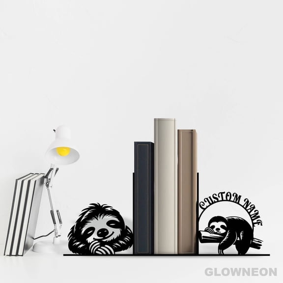 Glowneon Personalized Sloth Metal Book Ends, Bookish Book Nook Decor
