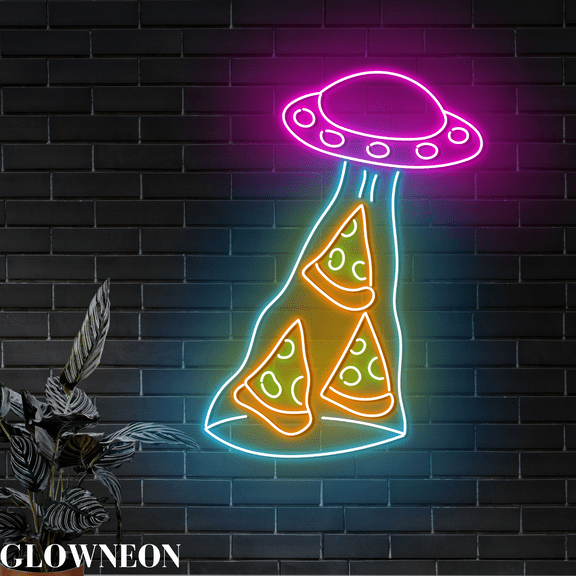 Glowneon Pizza Space Wall Decor, Pizza UFO Restaurant Neon Wall Decor