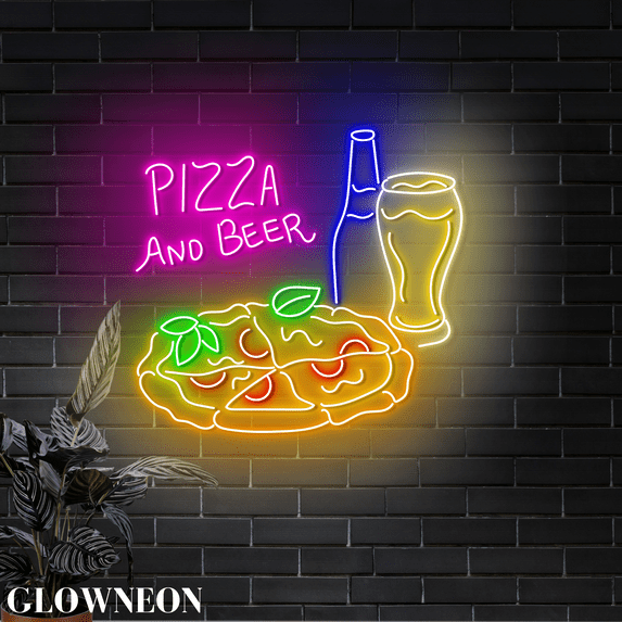 Glowneon Pizza and Beer Led Light, Pizza Restaurant Beer Bar Wall Art