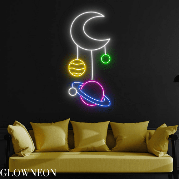 Glowneon Planet Hang On Moon Neon Sign, Planet Moon Bedroom Led Decor