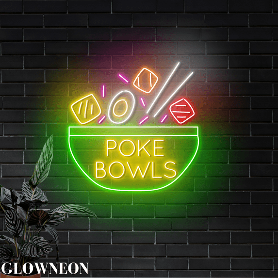 Glowneon Poke Bowl Neon Sign, Hawaiian Poke Led Sign, Hawaii Food Art