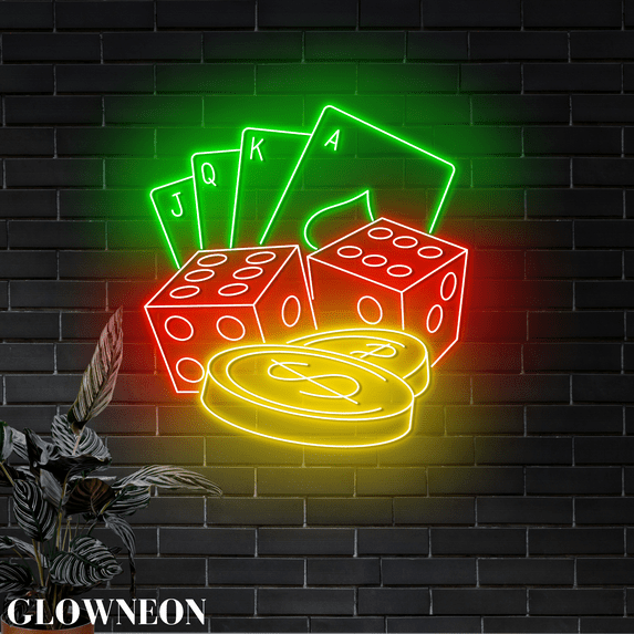 Glowneon Poker Card Dice Coin Neon Sign, Casino Lounge Bar Wall Decor