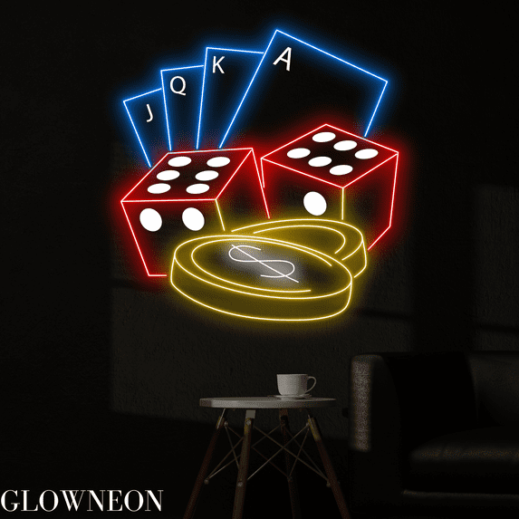 Glowneon Poker Dice Casino Neon Sign, Jackpot Casino Room Led Sign