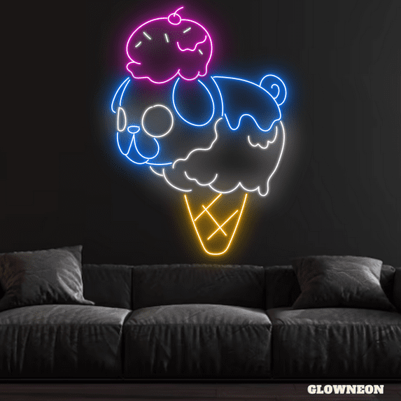 Glowneon Pug Ice Cream Neon Sign, Ice Cream Shop Decor, Pug Dog Sign