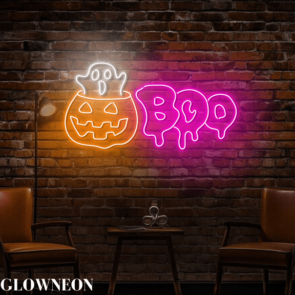 Glowneon Pumpkin Ghost Boo Led Sign, Halloween Pumpkin Neon Wall Art