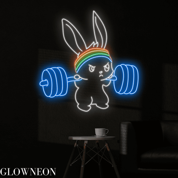 Glowneon Rabbit Gymmer Neon Sign, Weight Lifting Led Sign, Gym Decor