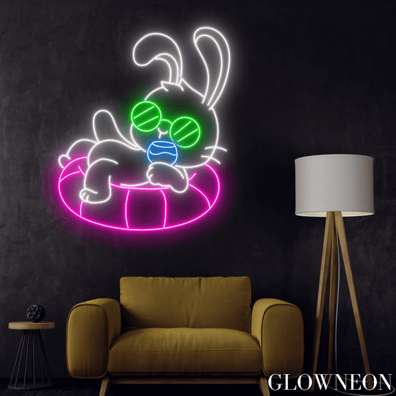 Glowneon Rabbit On Float Neon Sign, Rabbit Summer Swimming Led Sign