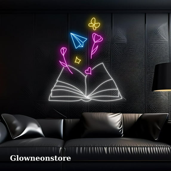 Glowneon Reading Books Neon Sign, Books Led Light, Library Decor, Reading Books Line Art Decor