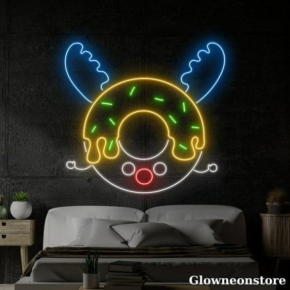 Glowneon Reindeer Donut Neon Sign, Donut Reindeer LED Sign, Reindeer Xmas LED Light, Bakery Donut