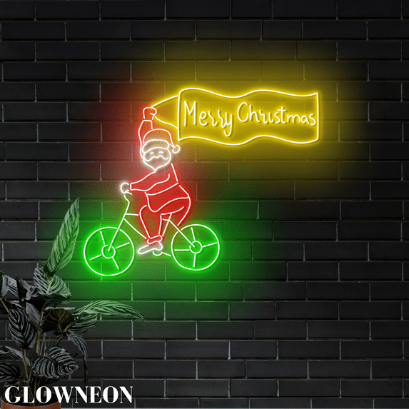 Glowneon Santa Bike Merry Christmas Neon Sign, Christmas Party Decor