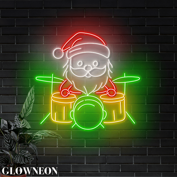 Glowneon Santa Claus Drummer Neon Wall Art, Christmas Drum Band Decor
