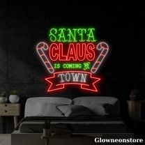 Glowneon Santa Claus Is Coming To Town Neon Sign, Merry Christmas Led Sign, Candy Cane Neon Light