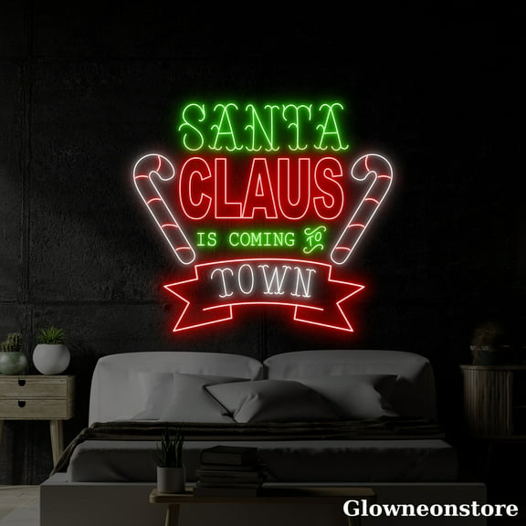 Glowneon Santa Claus Is Coming To Town Neon Sign, Merry Christmas Led Sign, Candy Cane Neon Light