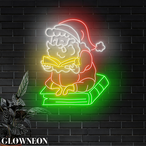 Glowneon Santa Read Book Led Sign For Christmas Book Store Wall Decor