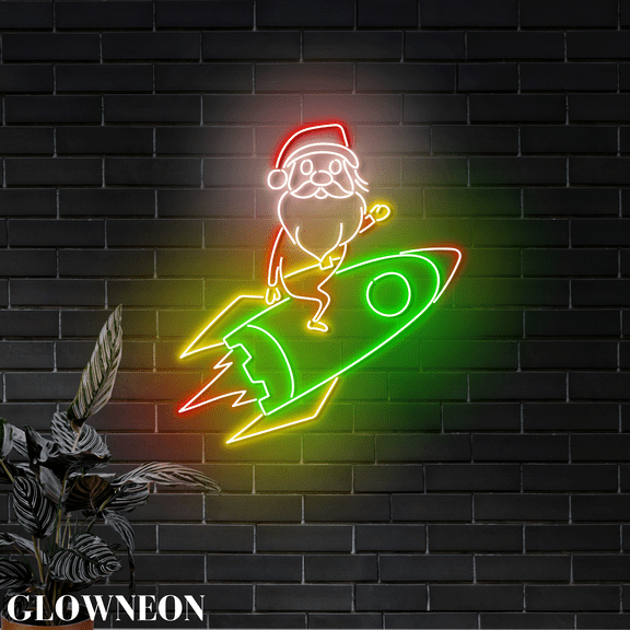 Glowneon Santa Rides Rocket Led Sign, Christmas Santa Neon Wall Decor