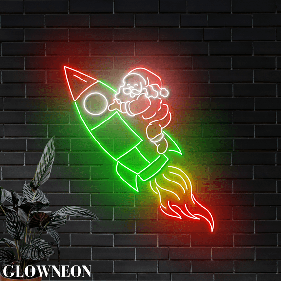 Glowneon Santa Rocket Led Sign, Christmas Party Decor, Santa Wall Art