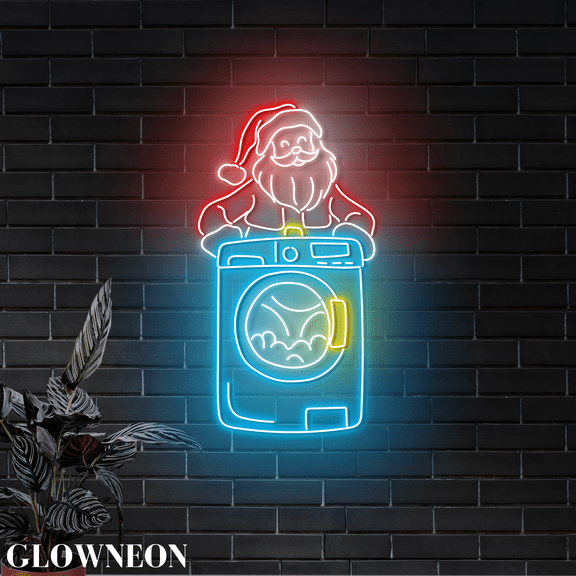 Glowneon Santa Washing Machine Neon Sign, Laundry Shop Christmas Sign