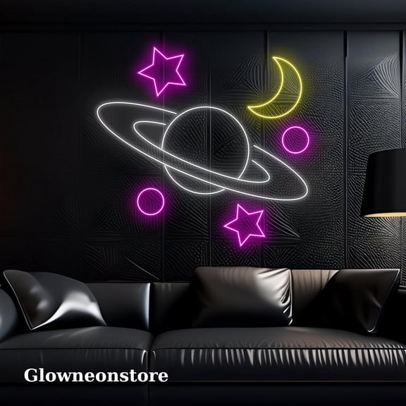 Glowneon Saturn Planet Neon Light Sign, Saturn Star Moon Neon Sign, Saturn Planet Led Sign