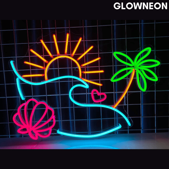 Glowneon Seashell Palm Tree On Summer Beach With Sun Neon Led Sign