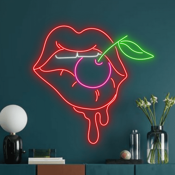 Glowneon Sexy Lips Cherry Neon Signs, Abstract Wall Art, Lights Decor