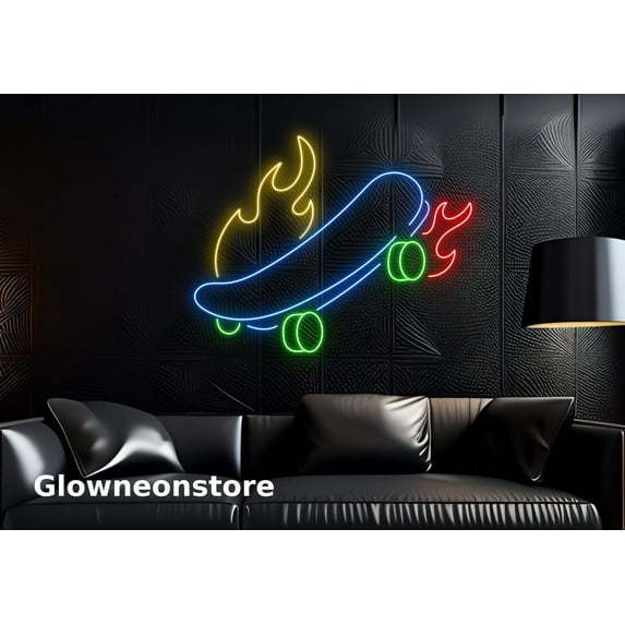 Glowneon Skateboard Fire Neon Sign, Skateboard Led Sign, Skateboard Decor, Skateboard Lover Gifts