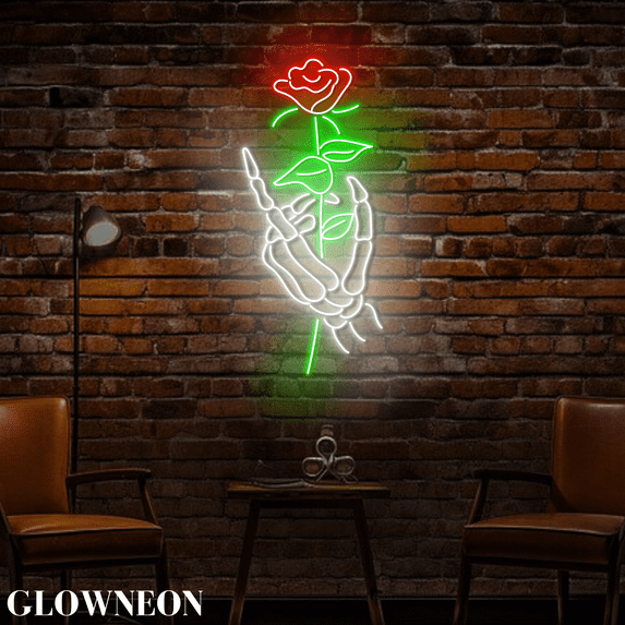 Glowneon Skeleton Hand Rose Halloween Led Sign, Gothic Wedding Decor