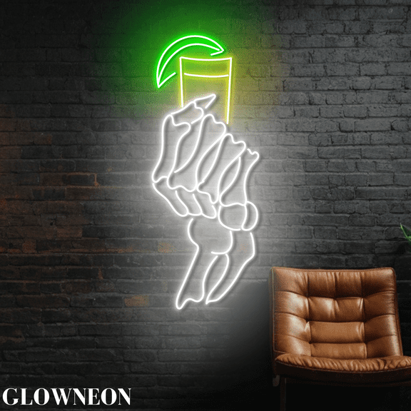 Glowneon Skeleton Hand With Tequila Neon Light, Tequila Cocktail Sign